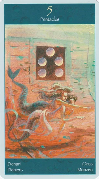 Five of Pentacles card from the Tarot of Mermaids deck