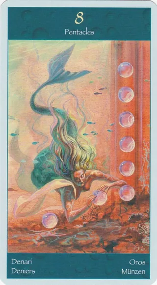 Eight of Pentacles card from the Tarot of Mermaids deck
