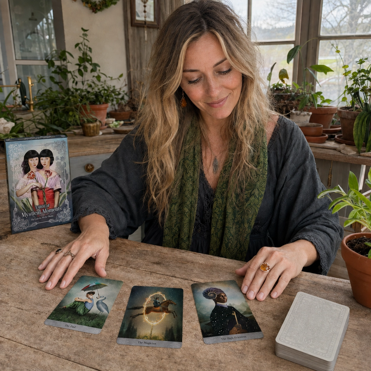 Aurica arranging The Fool, The Magician and The High Priestess from Tarot Of Mystical Moments beside its box and stacked deck