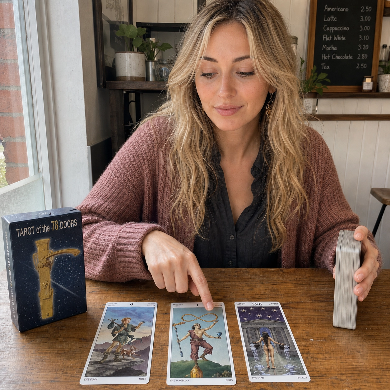 Aurica reading Tarot of the 78 Doors in a café, pointing between The Fool, The Magician and The Star beside the deck box and stacked cards