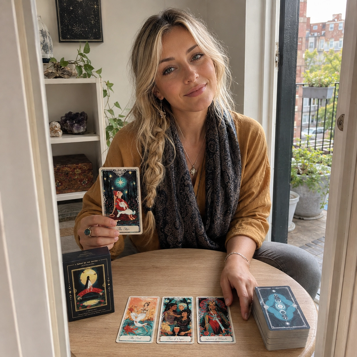 Aurica holding The Star while reading with Tarot of the Divine beside its box, three-card spread, and stacked deck