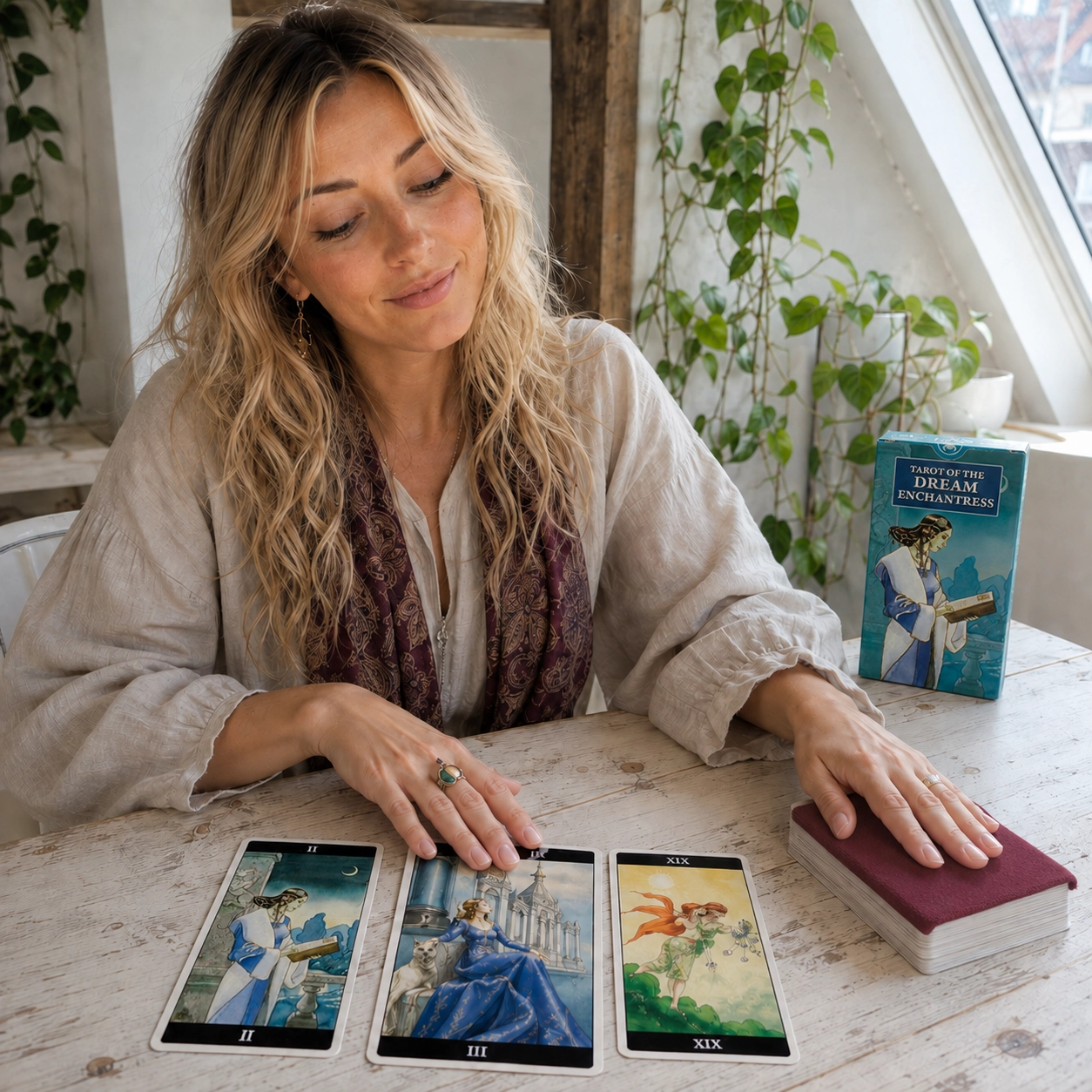 Aurica arranging The High Priestess, The Empress and The Sun from Tarot of the Dream Enchantress in a daylight reading