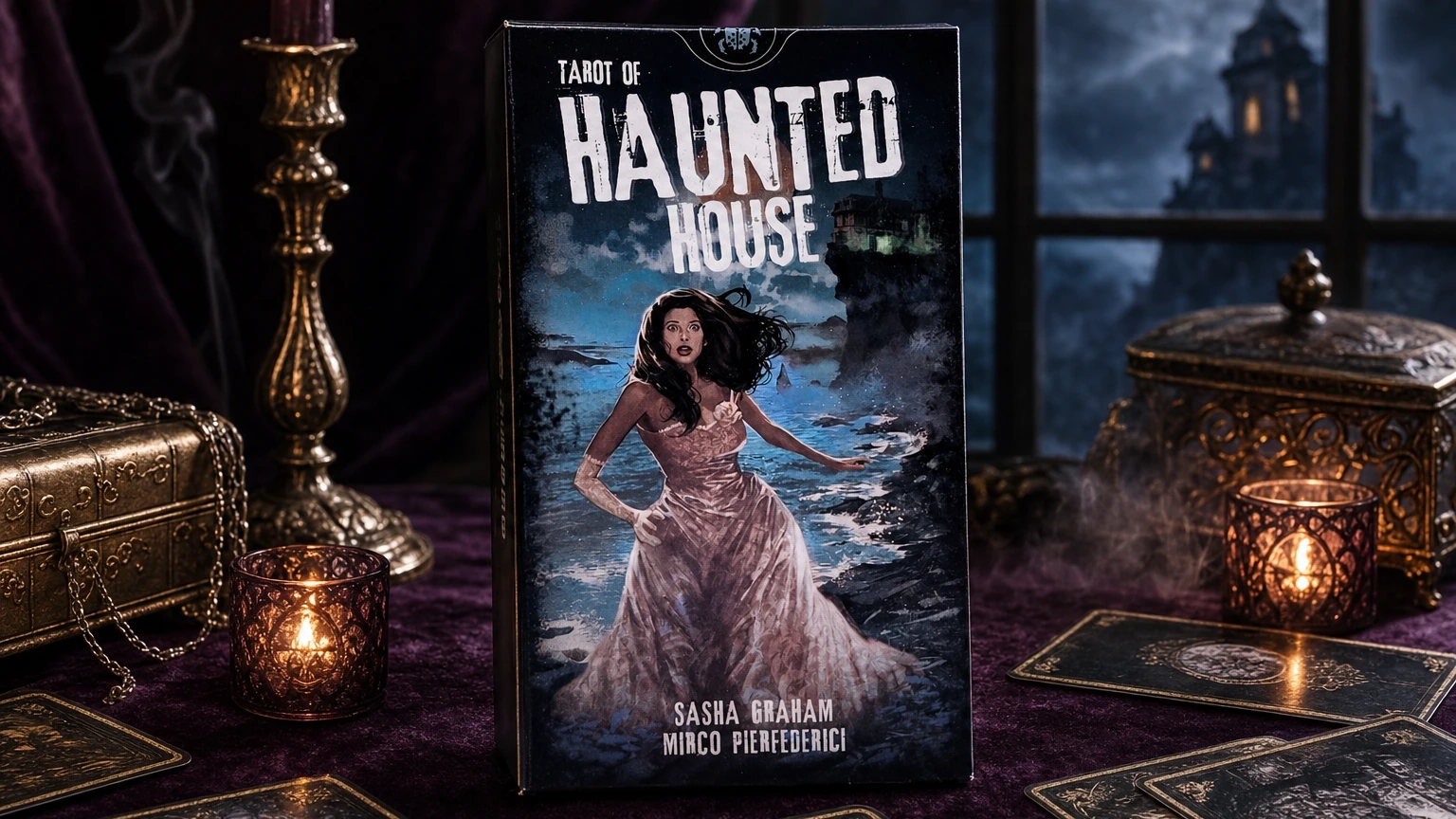 Tarot of the Haunted House Deck by Sasha Graham and Mirco Pierfederici in a generated candlelit reading-table scene