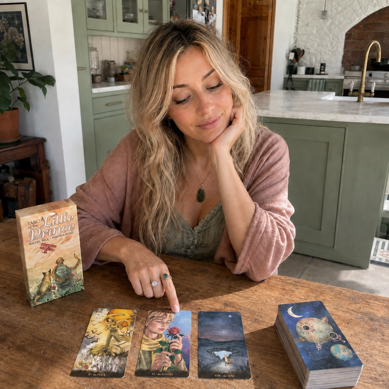 Aurica reading Tarot of the Little Prince by Rachel Paul and Martina Rossi, pointing to The Lovers beside The Fool, The Star, the deck box and stacked deck
