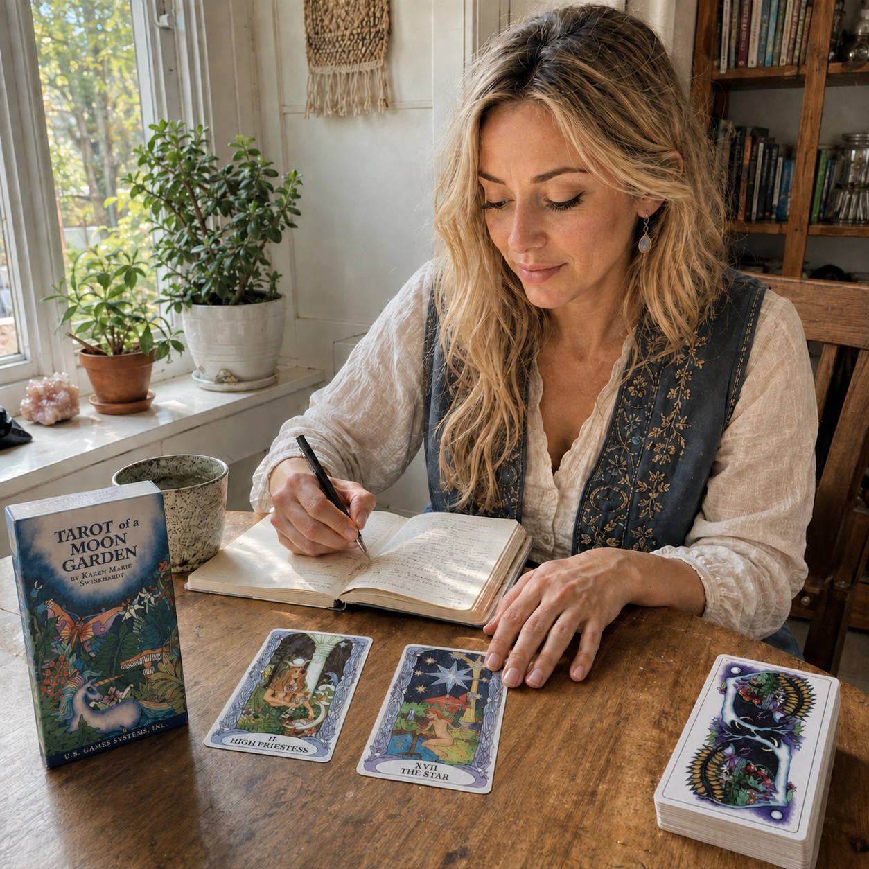 Aurica journaling beside the Tarot of the Moon Garden box, High Priestess and Star cards, and stacked deck