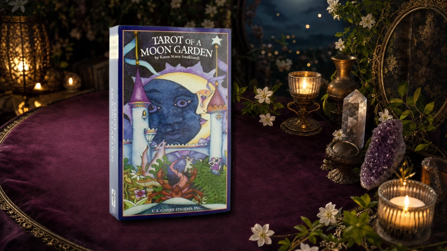 Tarot of a Moon Garden deck box in a moonlit botanical TarotFans reading scene
