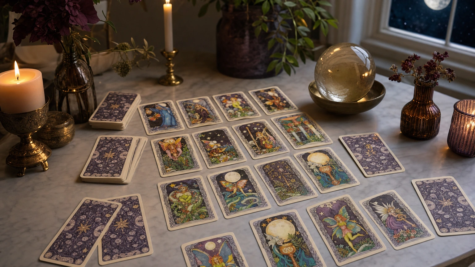 Tarot of the Moon Garden cards laid out for a dreamy modern table reading
