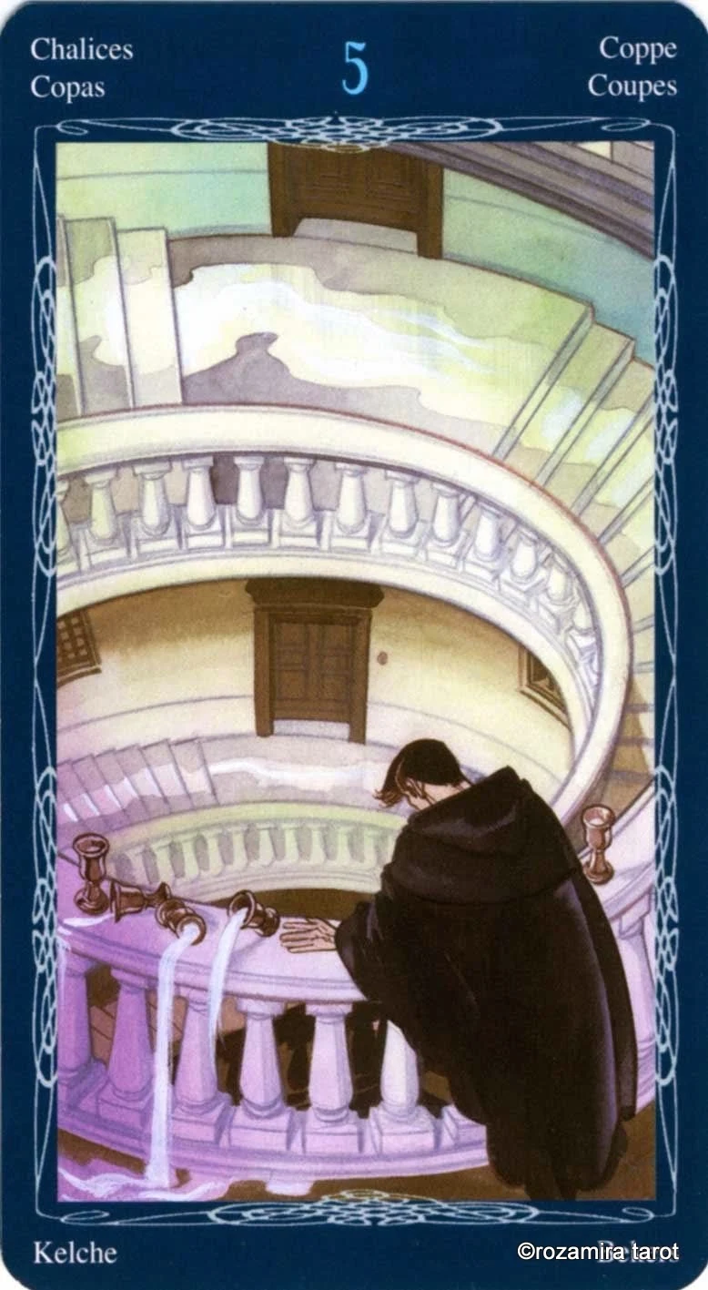 Five of Chalices card from the Tarot of the Mystic Spiral deck