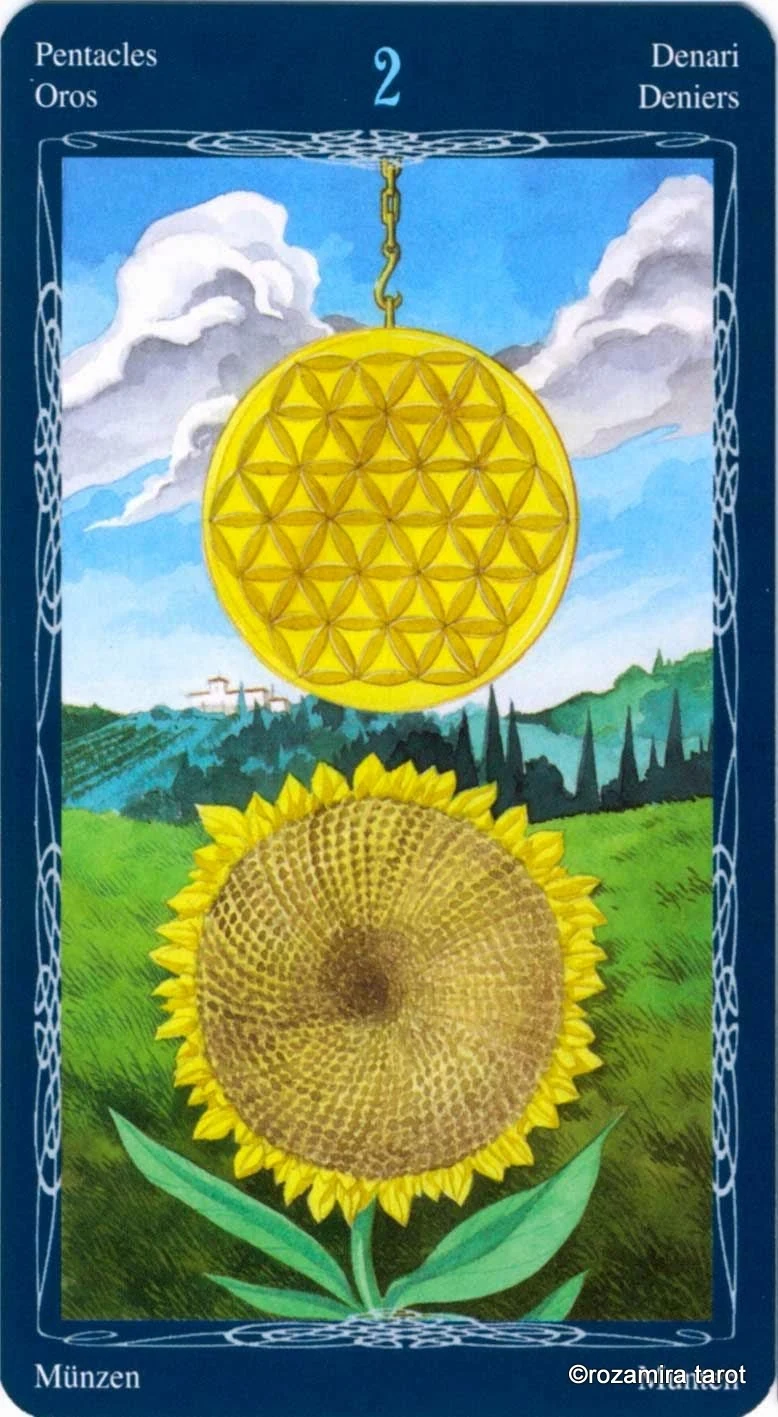 Two of Pentacles card from the Tarot of the Mystic Spiral deck