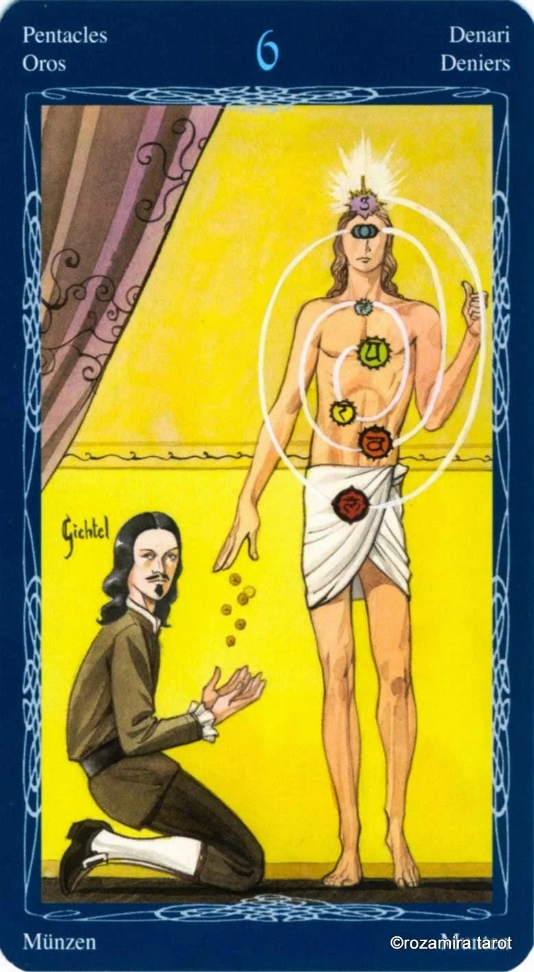 Six of Pentacles card from the Tarot of the Mystic Spiral deck