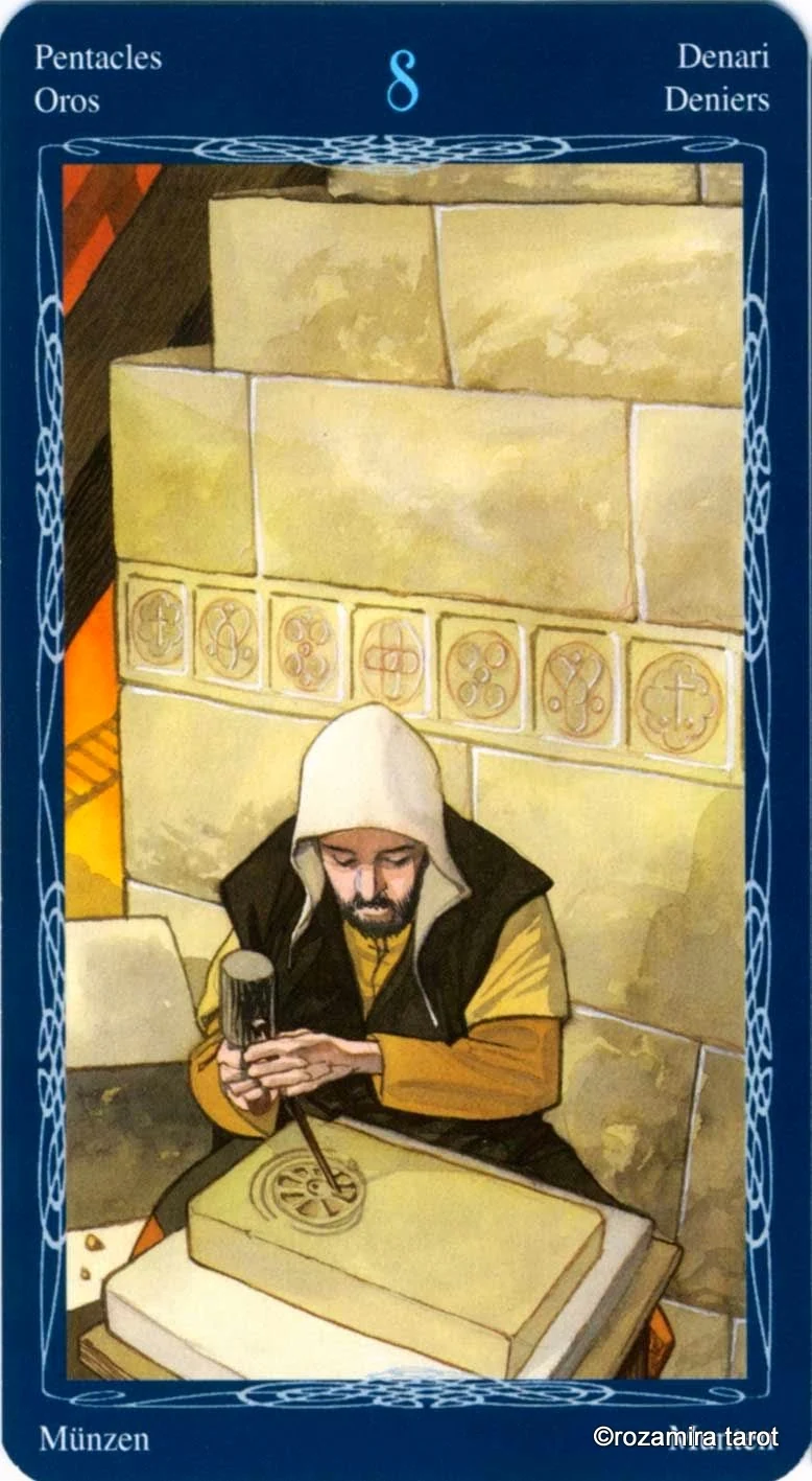Eight of Pentacles card from the Tarot of the Mystic Spiral deck