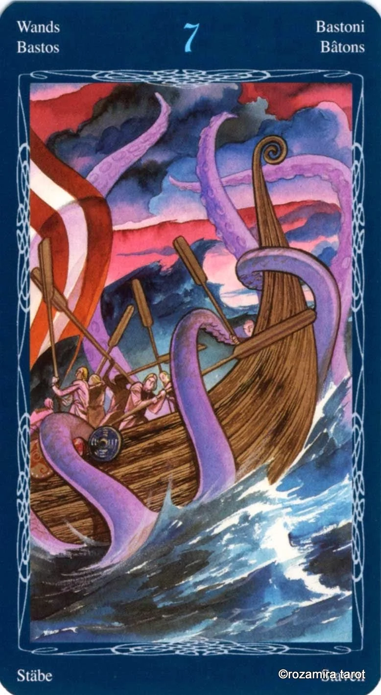Seven of Wands card from the Tarot of the Mystic Spiral deck