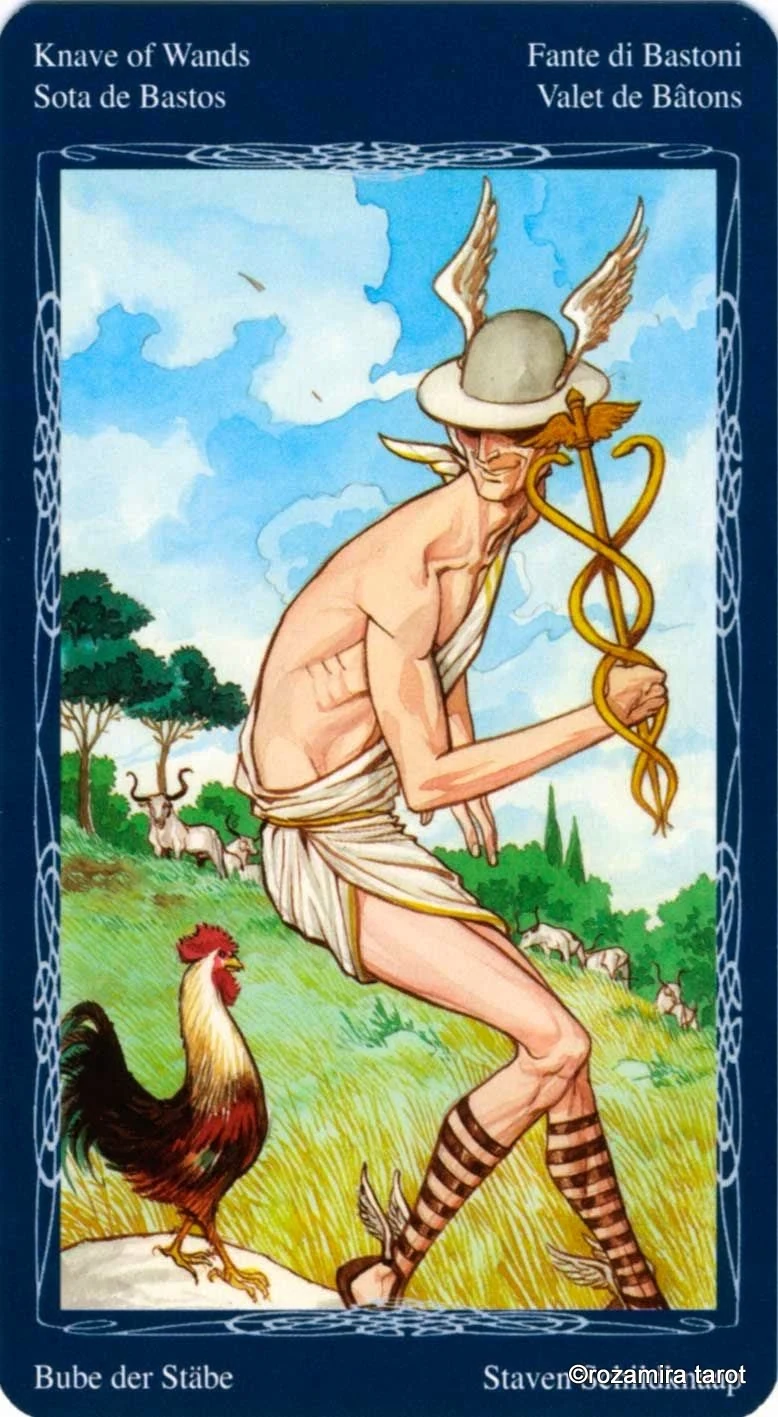 Knave of Wands card from the Tarot of the Mystic Spiral deck