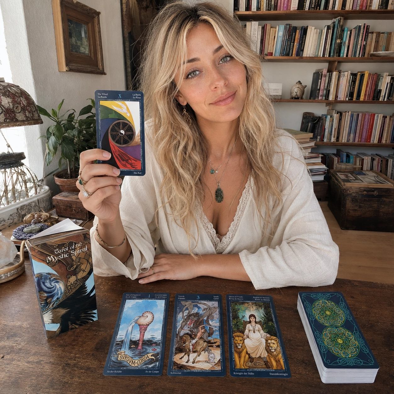 Aurica reading Tarot of the Mystic Spiral with The Wheel card, deck box, three-card spread and stacked deck