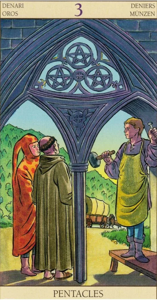 3 of Pentacles - Tarot of the New Vision card 3 of Pentacles from the Tarot of the New Vision deck