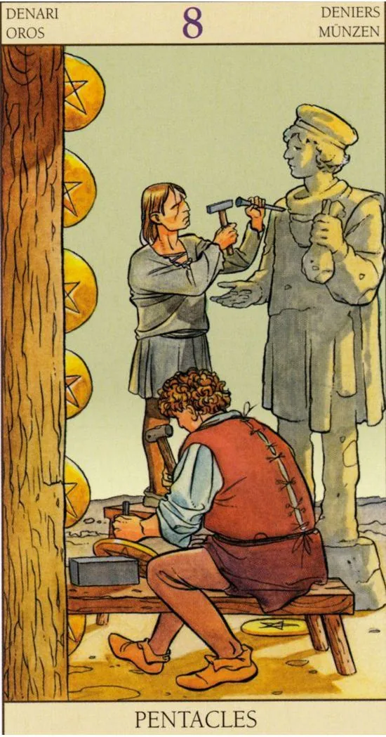 8 of Pentacles - Tarot of the New Vision card 8 of Pentacles from the Tarot of the New Vision deck
