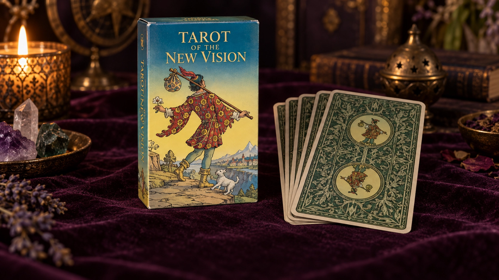Tarot of the New Vision Deck by Pietro Alligo, with art by Raul and Gianluca Cestaro, on a plum reading table
