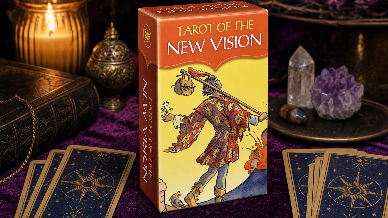 Tarot of the New Vision product box lifestyle image Tarot of the New Vision product box on a plum and gold tarot reading table