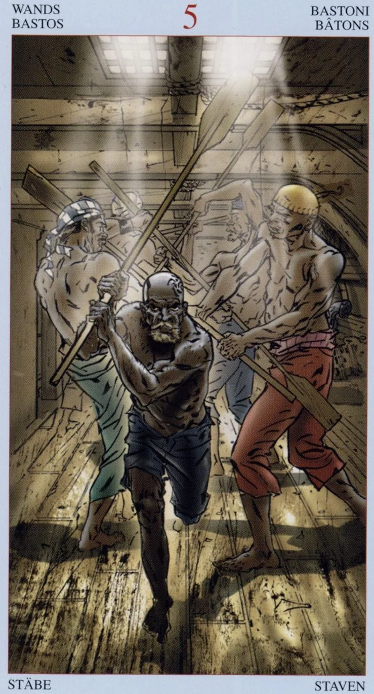 5 of Wands card from the Tarot Of The Pirates deck