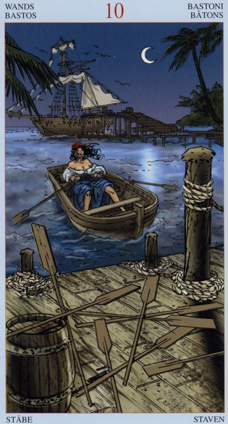 10 of Wands card from the Tarot Of The Pirates deck