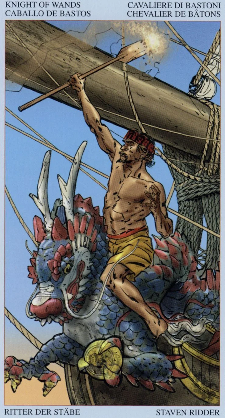 Knight of Wands card from the Tarot Of The Pirates deck