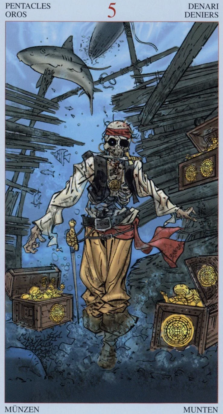 5 of Pentacles card from the Tarot Of The Pirates deck