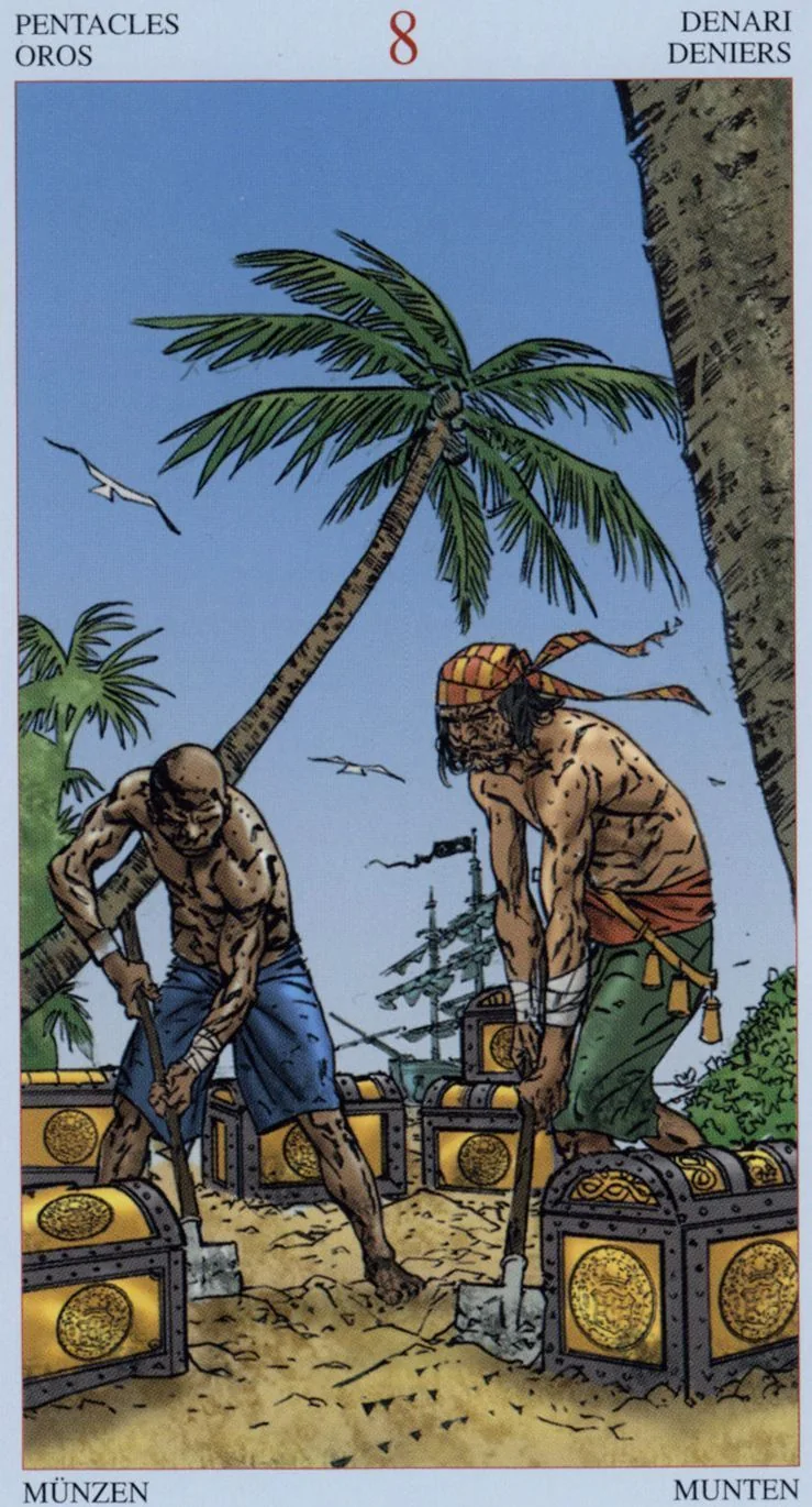 8 of Pentacles card from the Tarot Of The Pirates deck