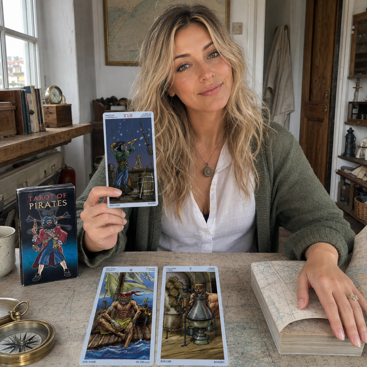 Aurica presenting The Star from Tarot Of The Pirates beside its box, face-up spread, and stacked deck