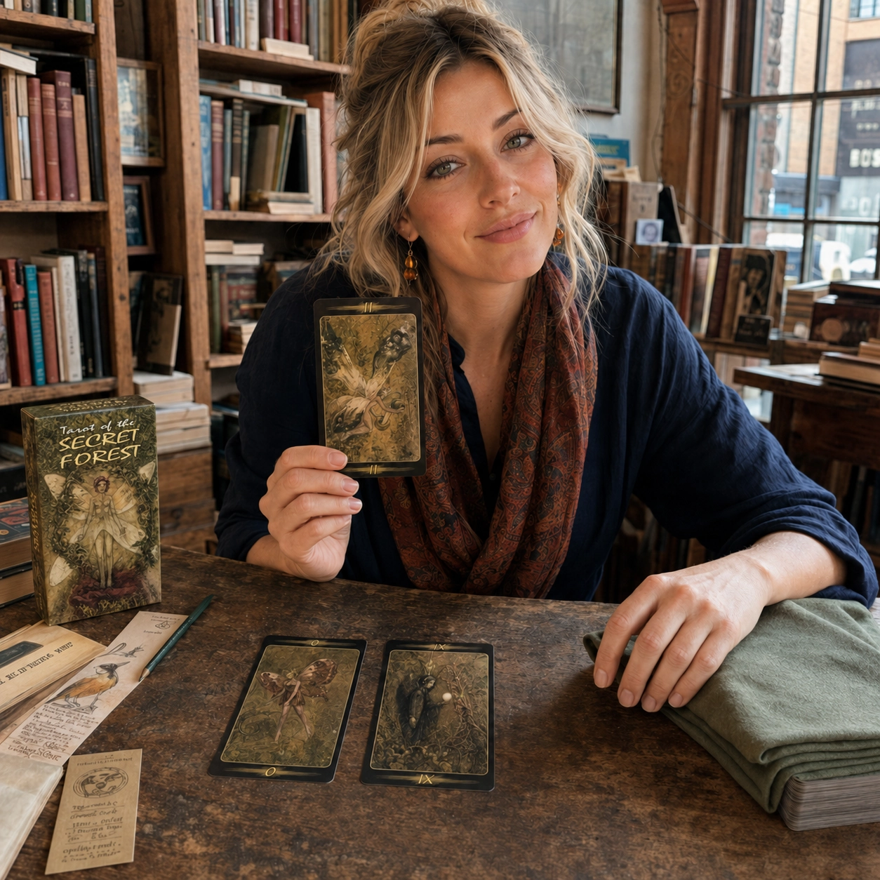 Aurica presenting the High Priestess from Tarot of the Secret Forest beside its box, a face-up spread, and the stacked deck