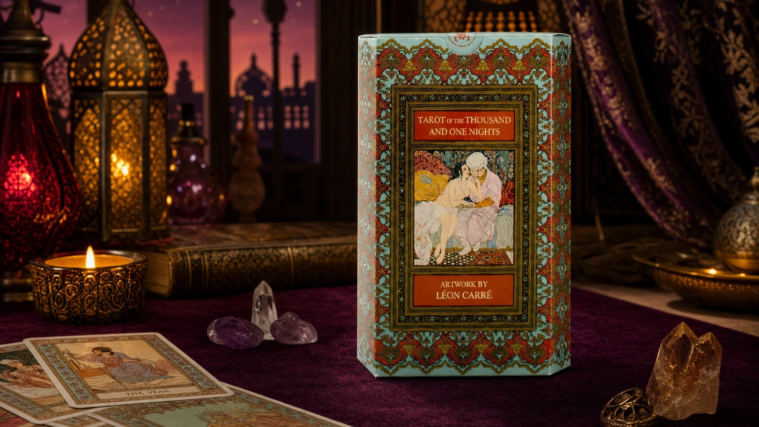 Tarot of the Thousand and One Nights tarot box on a mystical storybook reading table
