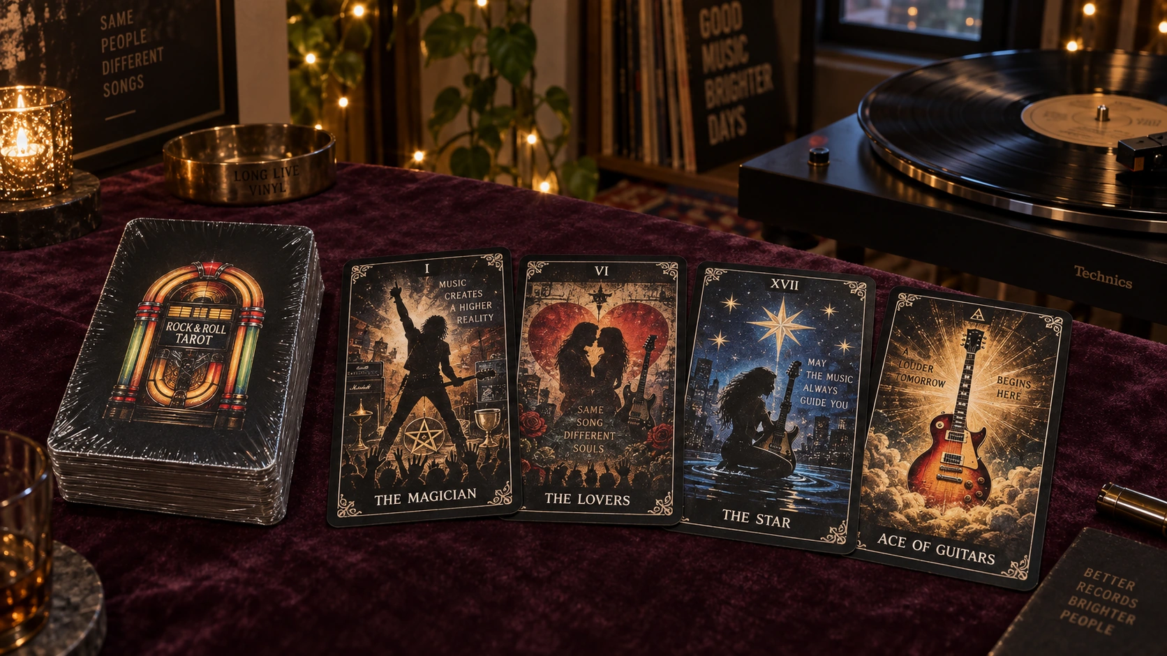 Generated record-room product scene inspired by Chris Paradis’s Rock & Roll Tarot, showing a jukebox-backed deck stack and four face-up music-themed tarot cards