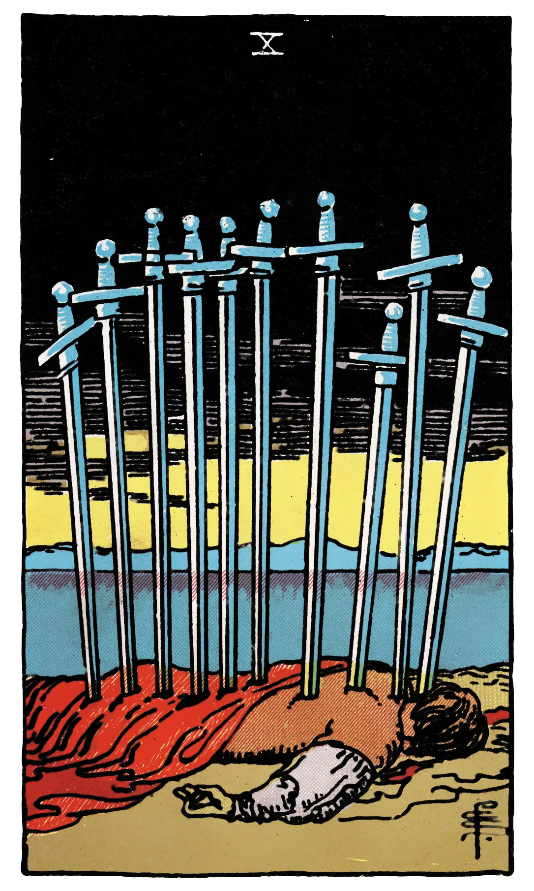 Ten of Swords — Rider-Waite-Smith Tarot by Rider Ten of Swords card from the Rider-Waite-Smith Tarot deck by Rider