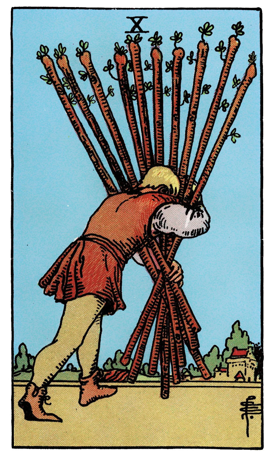 Ten of Wands — Rider-Waite-Smith Tarot by Rider Ten of Wands card from the Rider-Waite-Smith Tarot deck by Rider