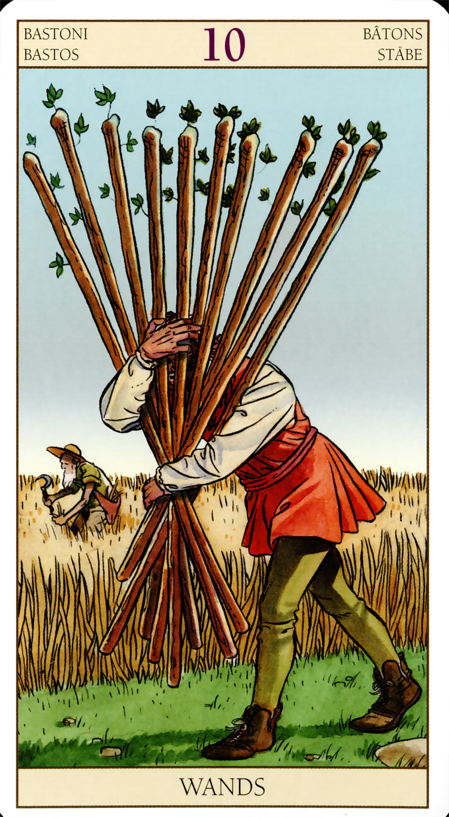 Ten of Wands — Tarot of the New Vision by Lo Scarabeo Ten of Wands card from the Tarot of the New Vision deck by Lo Scarabeo