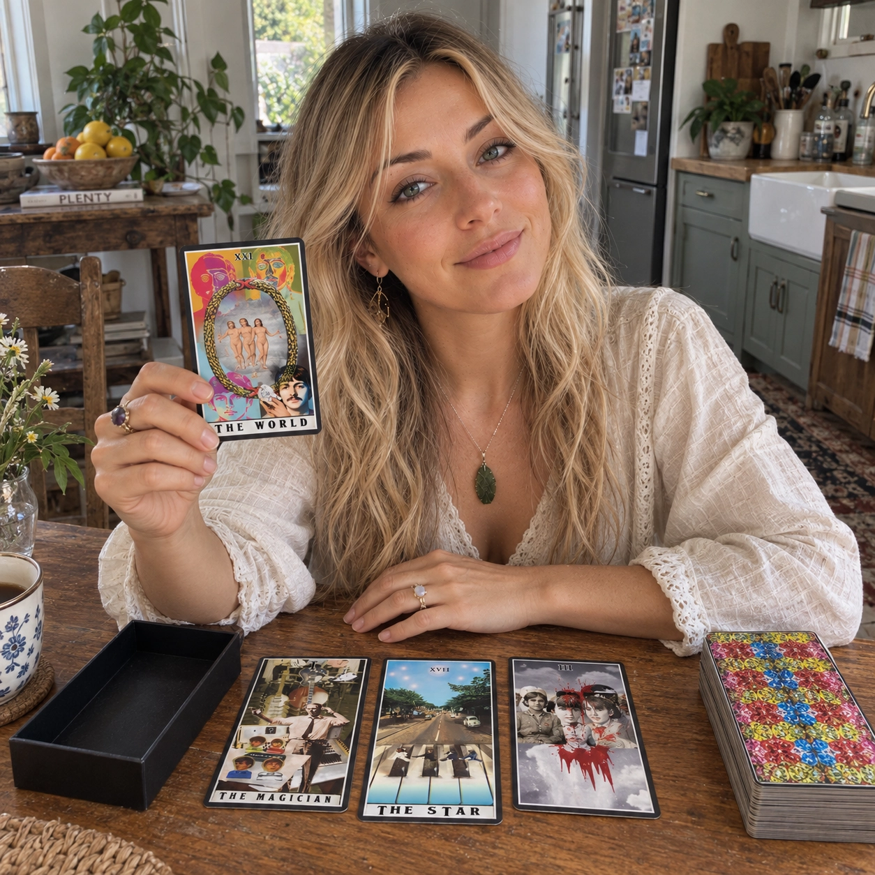 Aurica presenting The World with three face-up Beatles Tarot cards, an open unbranded card tray, and a separate stacked deck showing the verified multicolour back