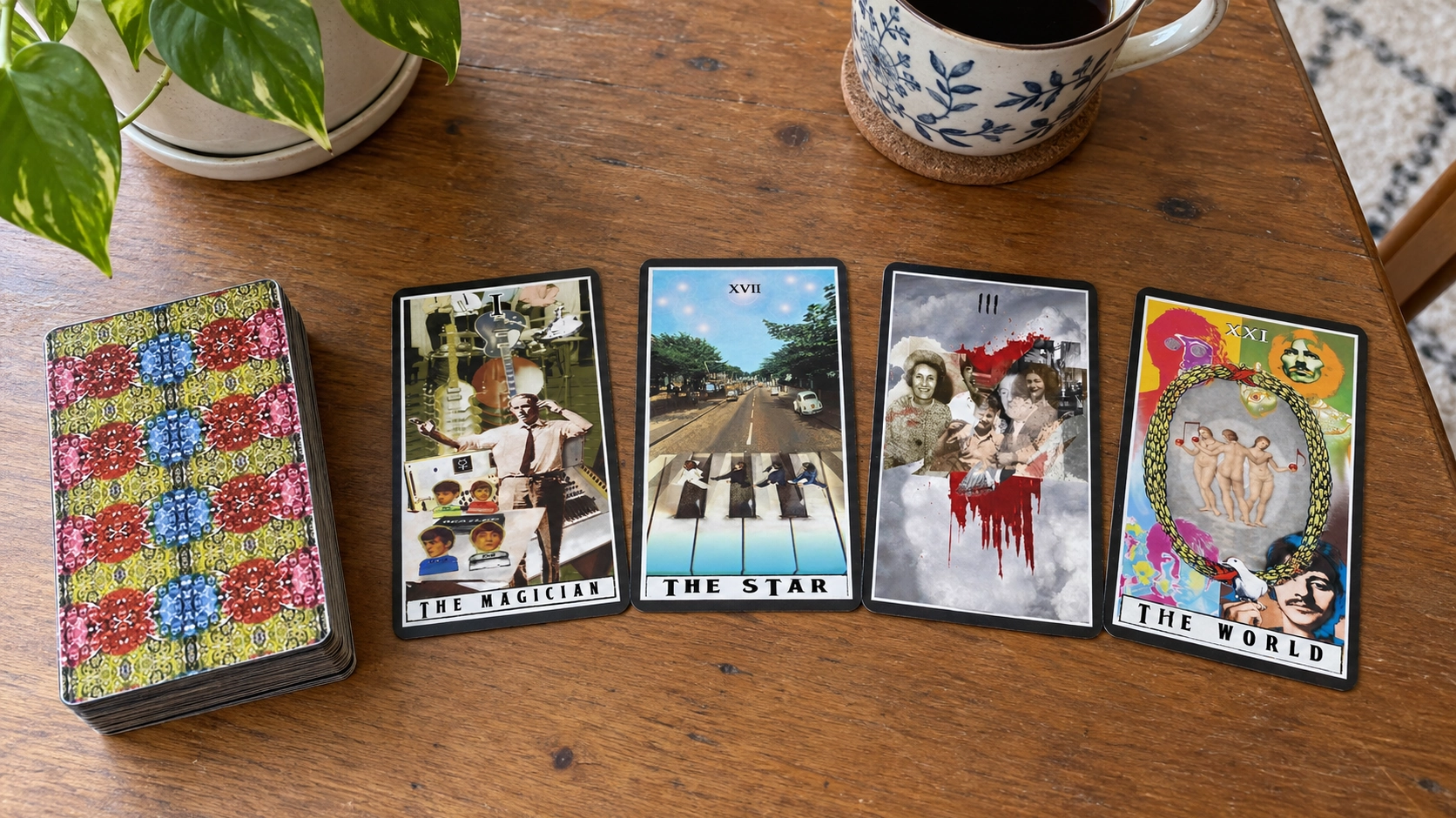 Generated product scene showing four verified The Beatles Tarot card faces and the verified multicolour card back