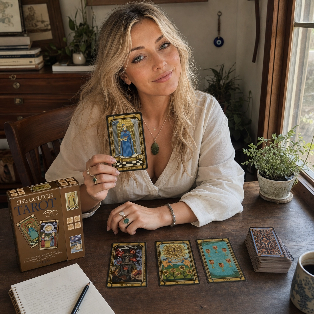 Aurica presenting The High Priestess while reading with The Golden Tarot by Liz Dean