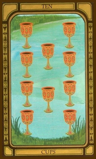 Ten of Cups card from The Golden Tarot by Liz Dean