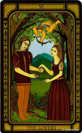 The Lovers card from The Golden Tarot by Liz Dean