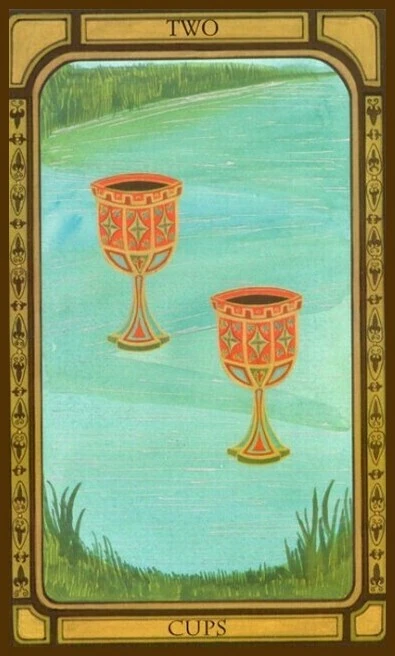 Two of Cups card from The Golden Tarot by Liz Dean