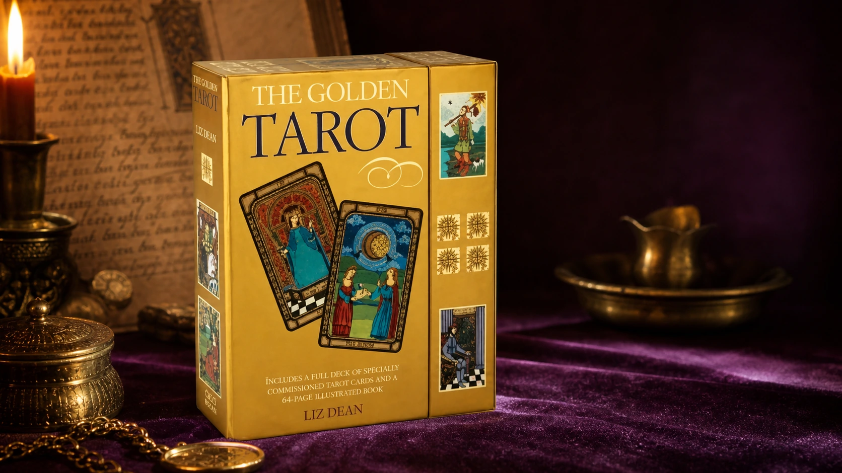 Generated editorial scene featuring The Golden Tarot by Liz Dean box on plum velvet in candlelight