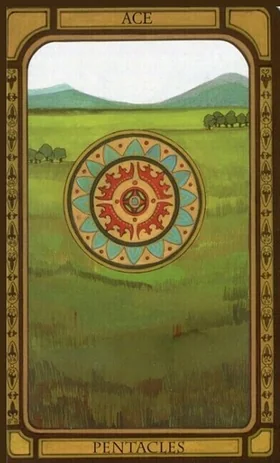 Ace of Pentacles card from The Golden Tarot by Liz Dean