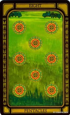 Eight of Pentacles card from The Golden Tarot by Liz Dean