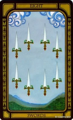 Eight of Swords card from The Golden Tarot by Liz Dean