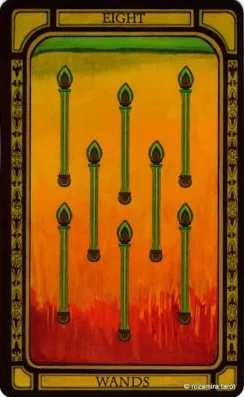 Eight of Wands card from The Golden Tarot by Liz Dean