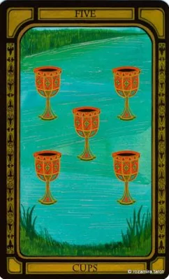 Five of Cups card from The Golden Tarot by Liz Dean