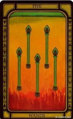 Five of Wands card from The Golden Tarot by Liz Dean