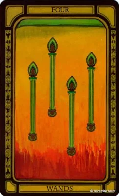 Four of Wands card from The Golden Tarot by Liz Dean