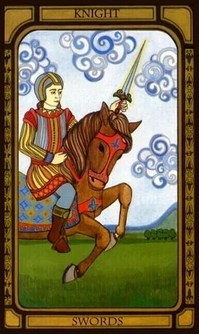 Knight of Swords card from The Golden Tarot by Liz Dean