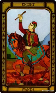 Knight of Wands card from The Golden Tarot by Liz Dean